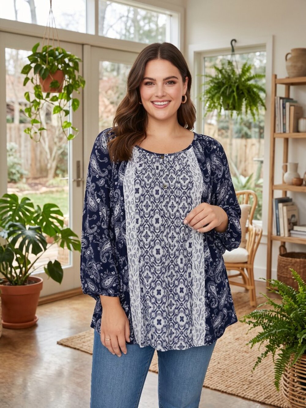 Siren Lily Plus Size 2X Paisley Boho Balloon Sleeve Lace Blouse Gold Buttons
